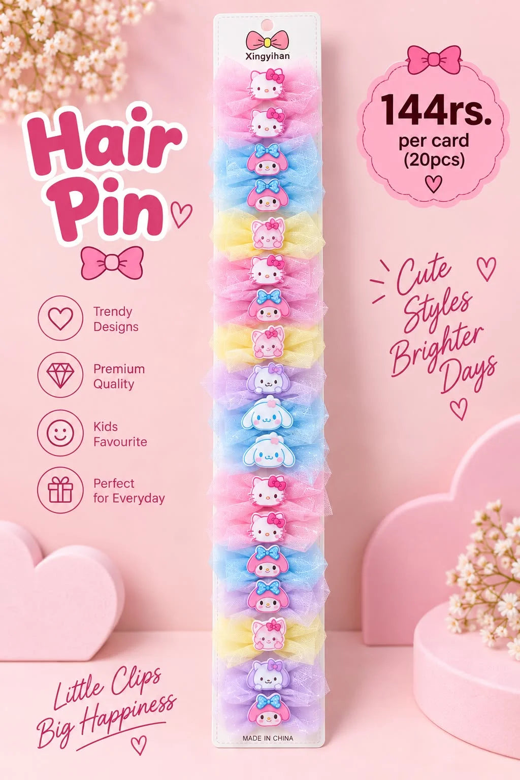 CUTE HELLO KITTY BOW CLIPS (PACK OF 20 PCS)