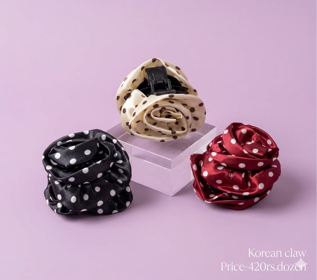 DOTS PRINTED SATIN ROSE CLAW CLIPS (PACK OF 12)