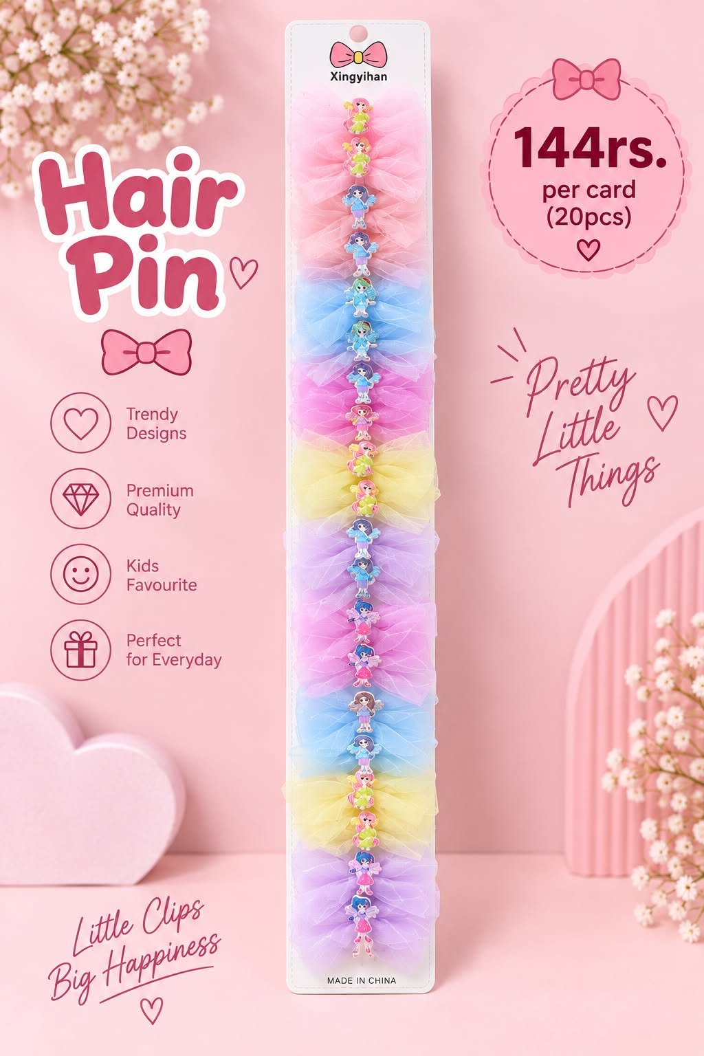 CUTE BOW HAIR CLIPS CARD (PACK OF 20 PCS)