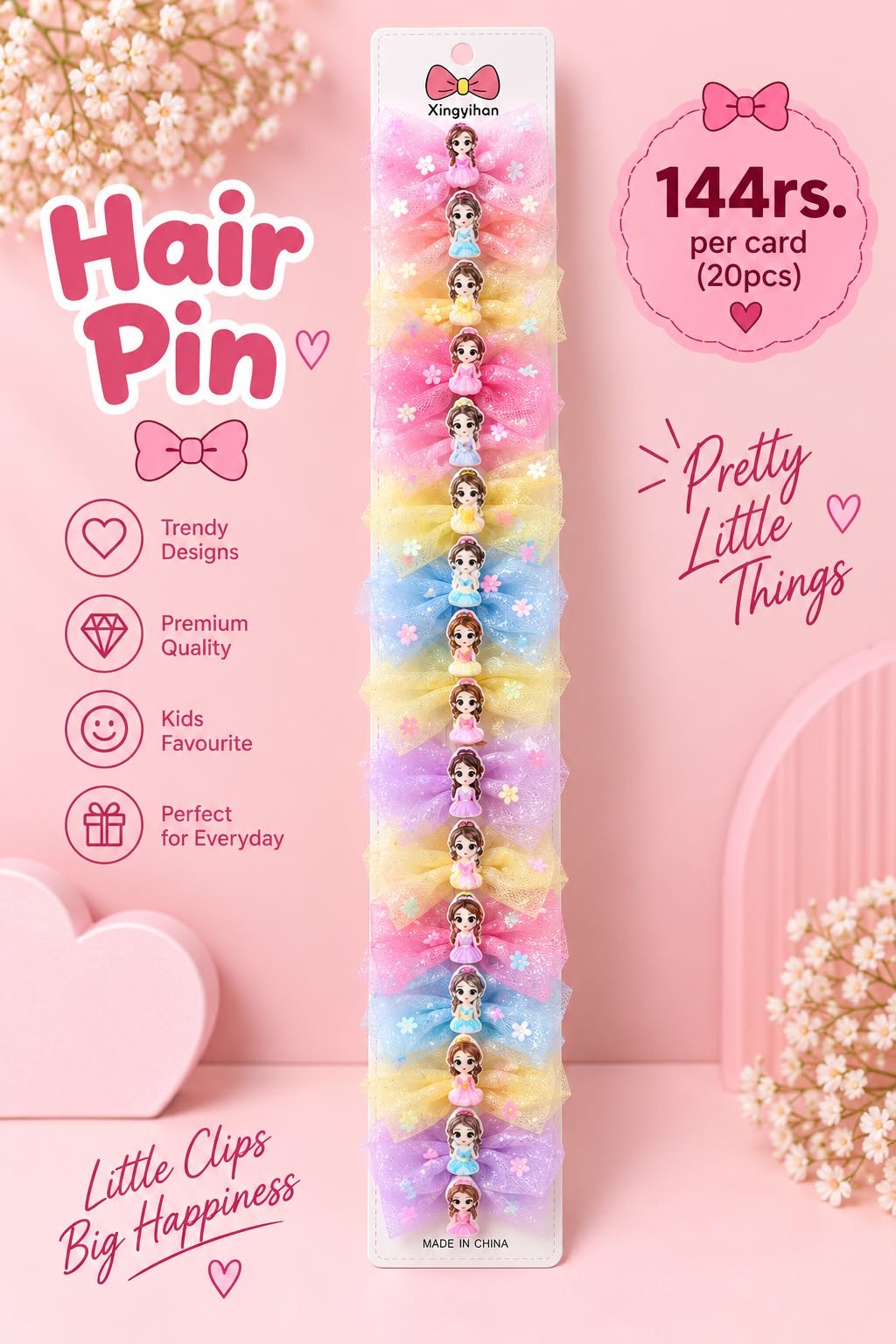 CUTE CARTOON BOW HAIR CLIPS CARD (PACK OF 20 PCS)